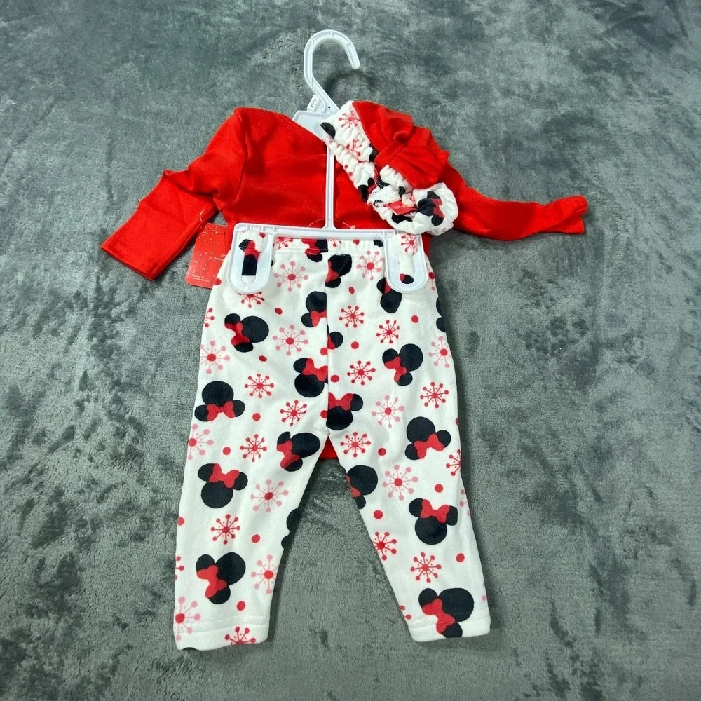 NWT Disney Baby‎ Girl Minnie Set 0-3 M Red Christmas Outfit Bodysuit Pants Bow